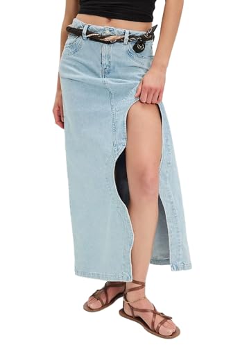 CHARTOU Women Retro Denim Maxi Skirt Mid Waist Side Wavy Slit A Line Long Jean Skirt with Pockets