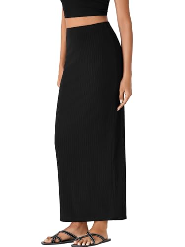 Rooscier Women's Bodycon Ribbed Knit Skirt Pencil Skirt Split Back Elastic High Waisted Maxi Long Skirt3