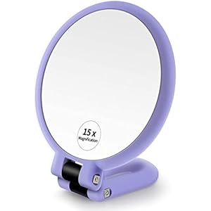 15X Magnifying Mirror, Hand Held Mirror, Double Side Small Makeup Mirror with 1X 15X Magnification, Adjustable Handle/Stand Travel Mirror, Compact Magnified Mirror for Girl Woman Face Eyes Makeup