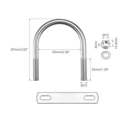 Image of uxcell Round U-Bolts, 2 Sets 65mm(2.56 inch) Inner Width 97mm Length M10 304 Stainless Steel U Clamp Bolt with Nuts Washers and Plates, for Boat Trailer