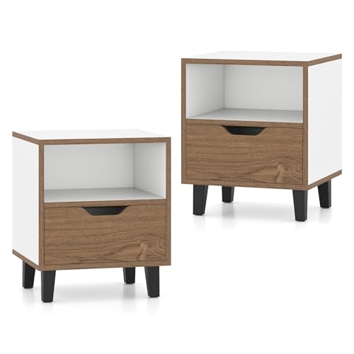 GIANTEX Juego de 2 Mesillas de Noche de Madera, Mesita de Noche con Cajón y Estante Abierto, Patas de Metal, 37 x 33 x 44 cm, Mesa Auxiliar para Salón, Dormitorio