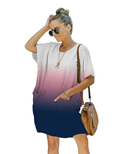 Ladybranch Women's Summer Casual T Shirt Dresses Short Sleeve Swing Dress with Pockets(Large,02White-Blue)