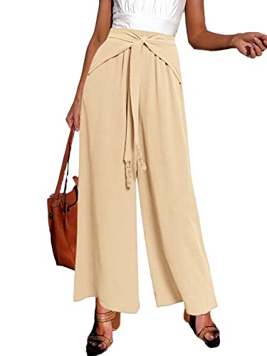 Miessial Women's Summer Tie Front Wide Leg Pants Elastic Waist Casual Pants Beach Palazzo Pants with Fringe Lace up Ivory