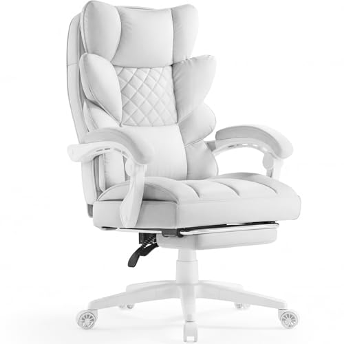 Image of Dowinx Big and Tall Office Chair with Pocket Spring Cushion,High Back Computer Gaming Chairs with Linkage Armrests,Executive Desk Chairs with Footrest,Cloth-White