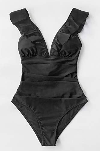 CUPSHE Women's V Neck One Piece Swimsuit Ruffled Lace Up Monokini Black - 2