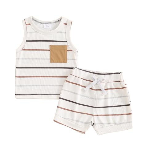 farrubbyine8 Baby Boy Summer Clothes Casual Striped Tank Tops Camisoles and Shorts 2 Piece Newborn Boys Spring Summer Outfit Set (White, 12-18 Months)