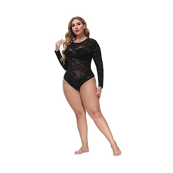 Hanna-Nikole-Womens-Plus-Size-See-Through-Bodysuit-Sheer-Long-Sleeve-Jumpsuit Hanna Nikole Women Plus Size Bodysuit Long Sleeve Leotard Top Basic Stretchy Jumpsuit 18W