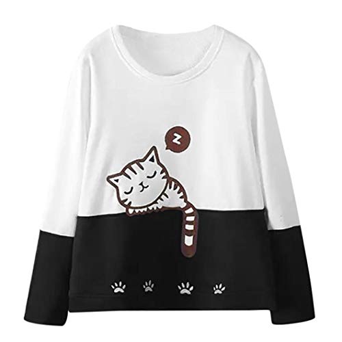 LuckES Jersey de Bordado de Gato de Mujer, Blusa de Manga Larga Mujeres Sudadera con Cuello Redondo Camisa básica Tops