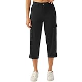 Women's Cargo Capri Pants Lightweight Stretchy Cropped Hiking Pants with Pockets for Outdoor Casual Travel(Black,L)