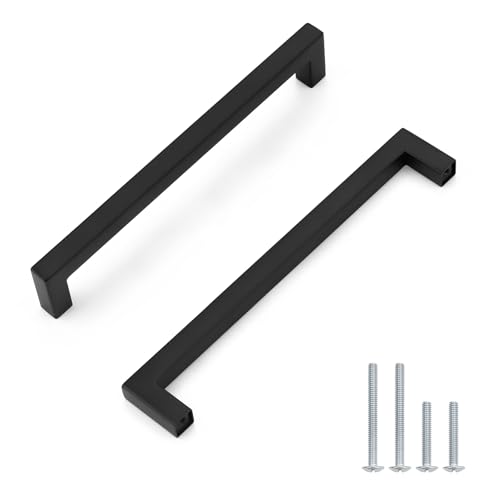 Probrico 5 Pack Black Square Kitchen Cabinet Pulls,Stainless Steel 7.5inch Hole Centers Cabinet Handles,Square Corner Bar Black Dresser Drawer Pull Handles