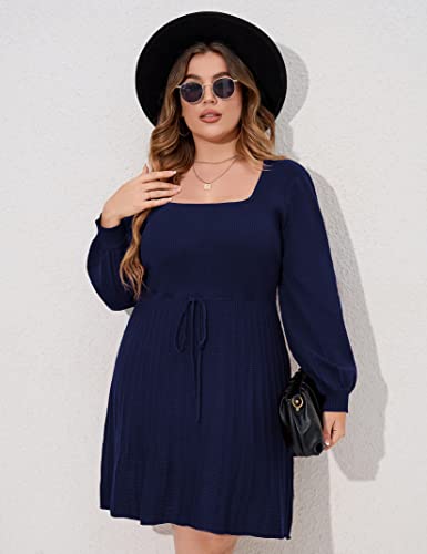 Image of Women's Plus Size Casual Sweater Dress Square Neck Long Lantern Sleeve Tie Waist Loose Pullover Sweater Dresses