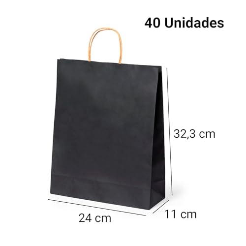 Deliex delicias de Extremadura 40 Bolsas de papel kraft medianas con asas 32,3 cms x 24 cms x 11 cms bolsas para regalos. Bolsas para comercios de papel, reutilizables ideales para regalar (Negras)