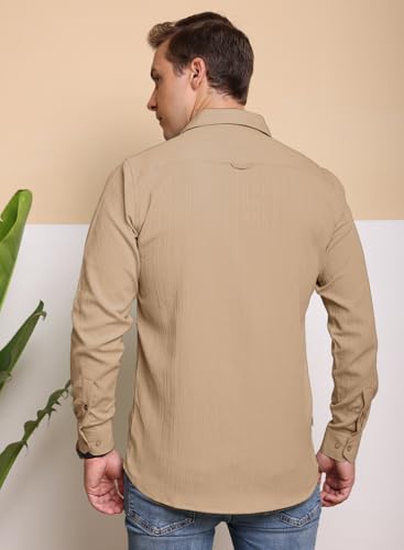 Image of FILO HEVIS Men's Casual Button Down Popcorn Shirts Stylish Long Sleeve Linen Textured Beach Summer Shirt