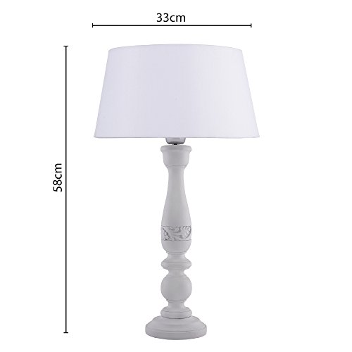 Image of Homesake Handcrafted Wooden Table Lamp for Bedroom & Living Room | Decorative Bedside Reading Lamp with Fabric Shade, E27 Holder | Bulb Included | White Floral Carved Base for Home Decor, White Drum