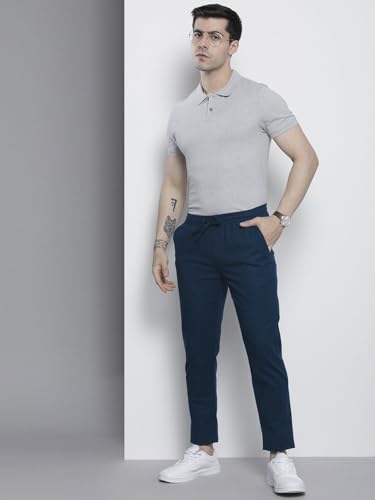 Image of The Indian Garage Co Men Slim Fit Solid Mid-Rise Elasticated Linen Jogger Trouser