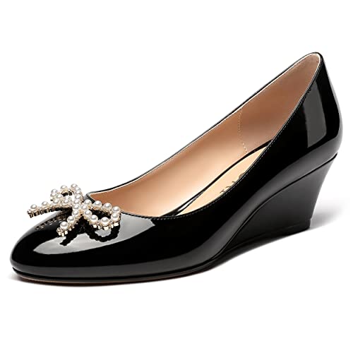 MERRORI Women's Pumps Wedge Low Heels Pumps Patent Slip On Rhinestones Bow Round Toe Shoes 2 Inch - Main Image