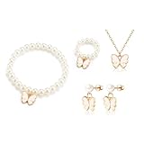 VYYU Girls Jewellery Set of 4 - Beautiful Pearl Earrings/Rings/Bracelet/Necklace for Kids, Cute White Butterfly Charm Jewellery Gift for Little Girls, Christmas Birthday Gifts for Daughter Niece