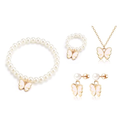 VYYU Girls Jewellery Set of 4 - Beautiful Pearl Earrings/Rings/Bracelet/Necklace for Kids Cute White Butterfly Charm Jewellery Gift for Little Girls Christmas Birthday Gifts for Daughter Niece