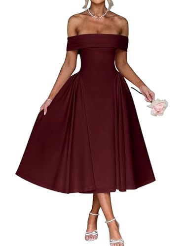 Satin Off The Shoulder Formal Midi Dress for Women A Line Ruched Tea Length Prom Party Dresses
