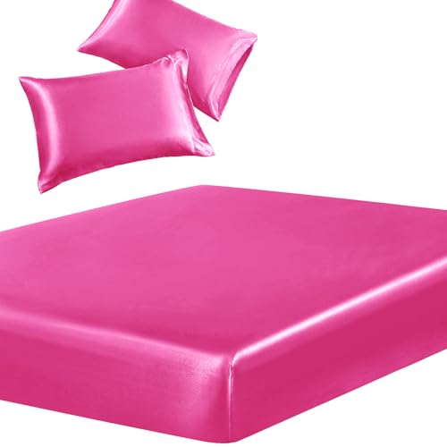 Image of SiinvdaBZX 3-Piece Set Satin Queen Fitted Sheet & 2 Pillowcase, Hot Pink Silky Soft Fitted Bottom Sheet, Wrinkle Free, Fade Resistant, Deep Pocket Bed Sheet (Deep Up to 15 inch)