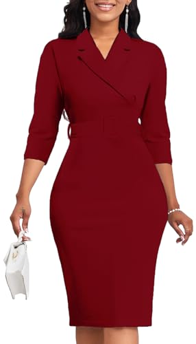 Image of SxClub Business Dresses for Women Elegant Long Sleeve Bodycon Pencil Knee Length Formal Dress for Evening Cocktail