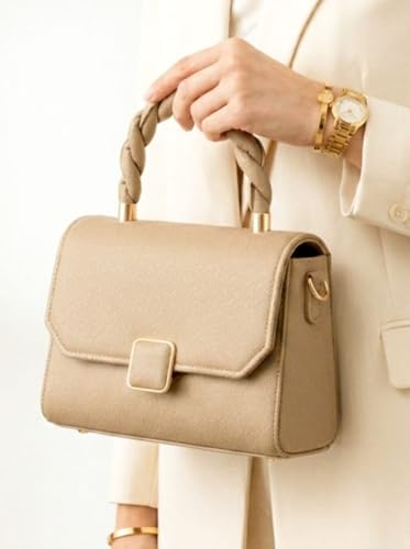 Image of Women's Sling Handbag with Braided Top Handle, Beige Leather, Adjustable Strap, Gold Hardware, Medium Size
