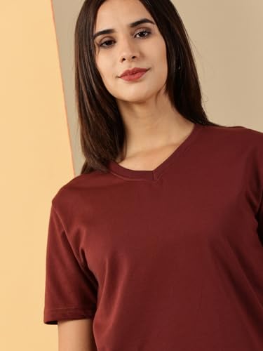 Image of Women's Pure Cotton Relaxed Fit V-Neck Half Sleeve T-Shirt | Gym Wear Casual Look T-Shirt | Regular Fitting with Comfort Wear for Women