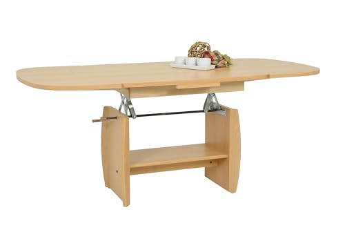 Hela Tische, Michael Mesa de Centro Funcional, Aspecto de Madera Revestida de Melamina, decoración de Haya, Extensible 90-142 cm, Altura Regulable con Manivela 52-62 cm