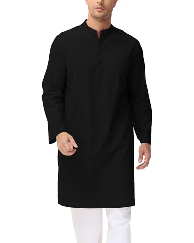 LVCBL Kaftan Herren Islamische Kleidung Herren Lange Ärmel Retro Thobe Schwarz 2XL