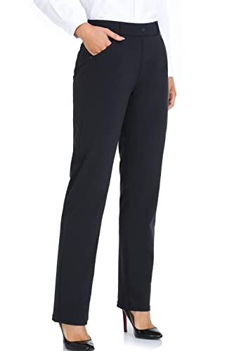 Oalka Women's Dress Pants Straight Leg Yoga Work Stretchy Pant for Office Business Black Short L