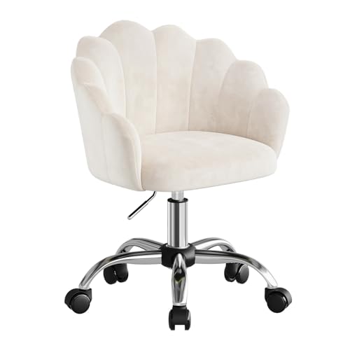 WOLTU Chaise Bureau, Chaise Coiffeuse, avec Dossier en Pétale, Ergonomique, Pivotant, Hauteur Réglable, en Velours, Cadre en Métal, Beige