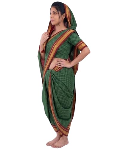 Image of BookMyCostume Traditional Marathi Dress for Girls|Dark Green Nauvari Saree for Kids with Blouse|Fisherwoman Costume for Kids|Indian Cultural State Dress| Adult M-L