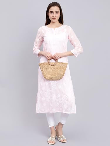 Image of Seva Chikan Hand Embroidered Lucknowi Chikankari Terivoil Cotton Regular Fit Straight Kurta for Women SCL4351
