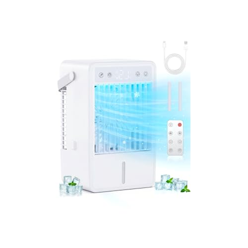 Aire Acondicionado Portatil Silencioso 5 en 1, Enfriador de Aire Depósito 1500ML, Mini Aire Acondicionado con Mando a Distancia, Temporizador 10H, Luz LED, para Dormitorio, Oficina y Espacios Pequeños