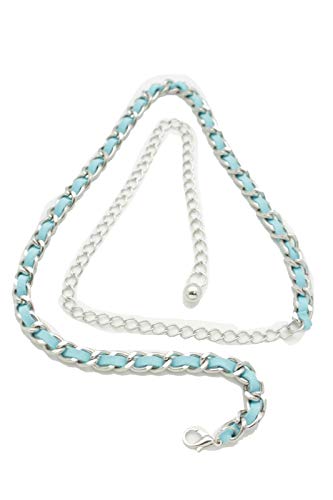 TFJ Women Fashion Belt Silver Metal Chain Links Hip High Waist Skinny Turquoise Blue M L XL