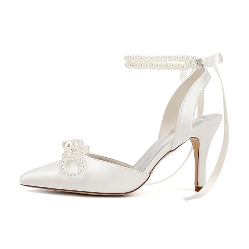 Women's Closed Toe Pearl Heels with Bow Wedding Shoes for Bride High Heels Bridal Shoes Slingback Satin Heels Pumps3