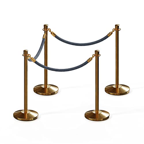 CCW Post and Rope Stanchion Kit with 4 Satin Brass Crown Top Posts and 3 Gray Heavy Duty Velvet Cotton Core Ropes (6ft.Each) in Satin Brass Snap Ends