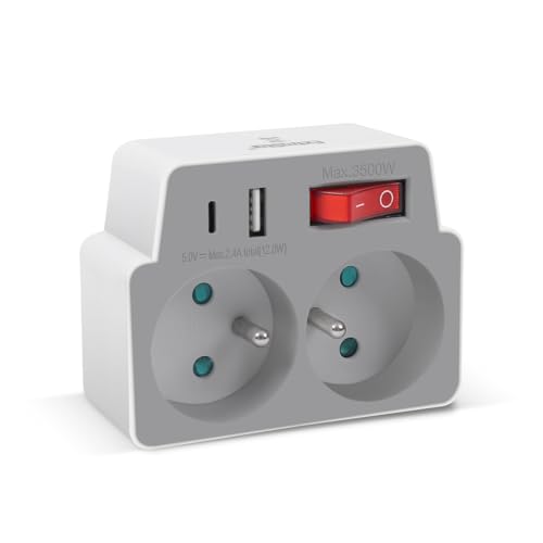 EXTRASTAR Multiprise Murale Gris, Adapteur Fiche Multiprise Biplite avec Interrupteur pour façade, Aver 2 Prise Murale et Ports USB, Type C