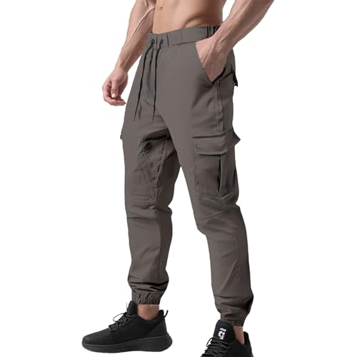 Hawyet Mens Tapered Cargo Pants Ankle Length Elastic Waist Drawstring Multi Pockets Casual Outdoor Tactical Pants