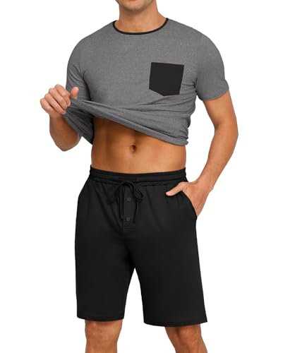 PrinStory Mens Summer Pajamas Set Lightweight Pjs Sets Short Sleeve Pajama Shorts Set Soft Sleepwear Loungewear with Pockets4