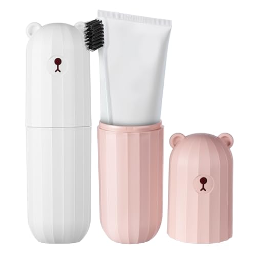 2 pezzi Portaspazzolino da viaggio portatile plastica porta spazzolini da denti carino design orso scopino da contenitore di protezione per aziende campeggio scuola bianco