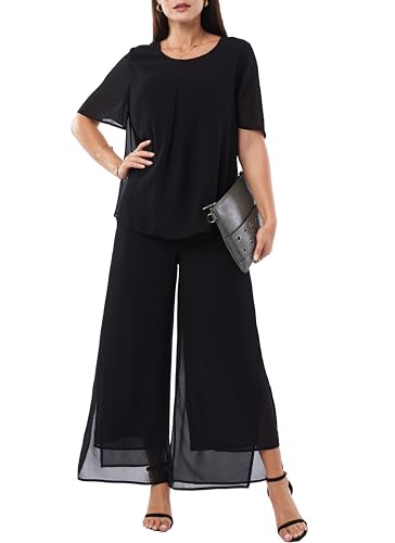 Women's 2 Piece Chiffon Sets Outfits Flowy Ruffle Layers Casual Dressy Wedding Guest Pant Suits Black