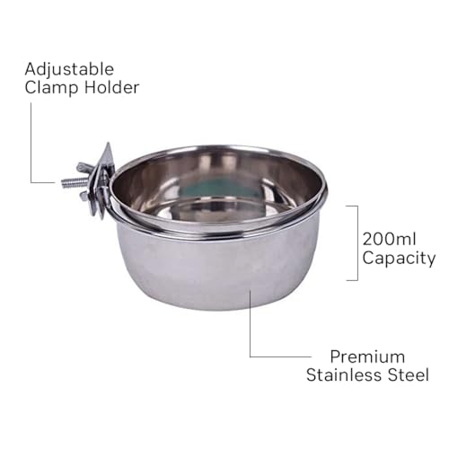 Image of Pets Empire Best Stainless Steel Birds Coop Cup Feeder Bowl (Hook+Clamp) 200ML Pack of 4