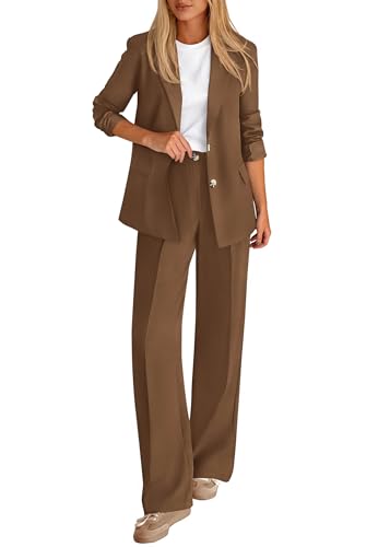 KIRUNDO Womens Suits 2 Piece Set Business Casual Blazer Jacket Wide Leg Dress Pants Suits Professional Work Office Outfits(Brown, Large)