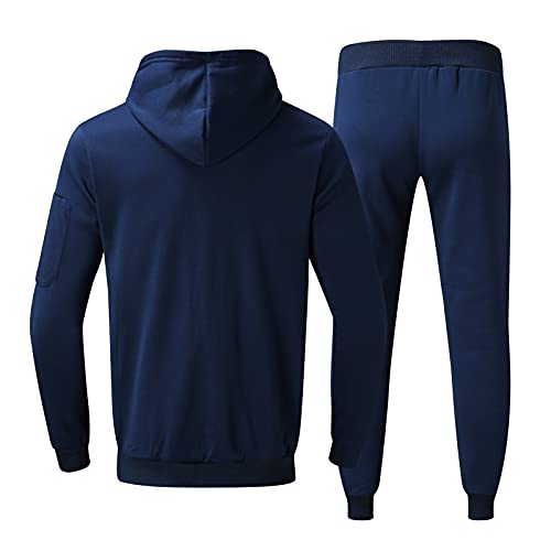 Hoodie Tracksuit Men’s Autumn 2-Piece Sets Solid Hooded Long Sleeve Top Blouse And Long Pants Suit Navy #TOP2