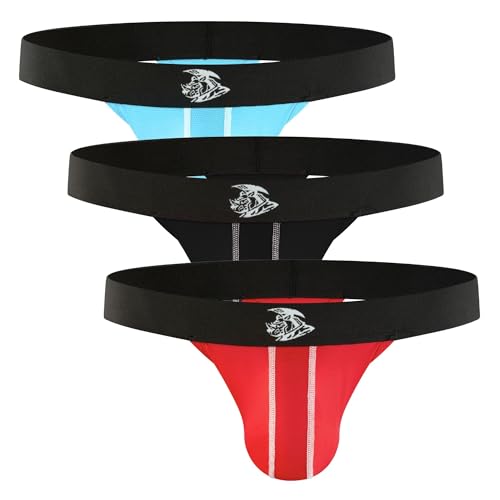 Real Men Nylon Mesh Thong ABCD Pouch 3 Pack - Black/Red/Light Blue