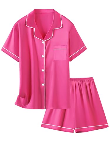 Image of Schbbbta Women Pajamas Set, 2 Pieces Satin Silk Button Down Pjs Short Sleeve Outfits Loungewear