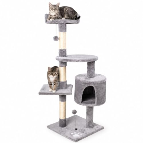 Árbol para Gatos 116 cm, Torre Rascador para Gatos con Cama Superior, Cesta, Cueva y Poste de Sisal, Centro de Actividades para Escalar, Jugar, Rascar y Descansar (Gris, 116 cm)