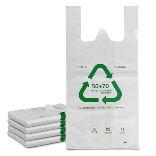 TIENDA EURASIA – Pack de Bolsa Tipo Camiseta, Con Asas, 70% Material Reciclado, Distintos Tamaños, Apta para Uso Alimentario, Reutilizable (40X50 cm 120 Uds)