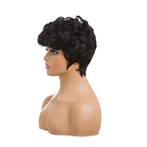 Natural Black Short Pixie Cut Wigs For Black Women Curly Hair Replacement Short Black Layered Wavy Wigs With Bangs (Natural Black #1B) #TOP3